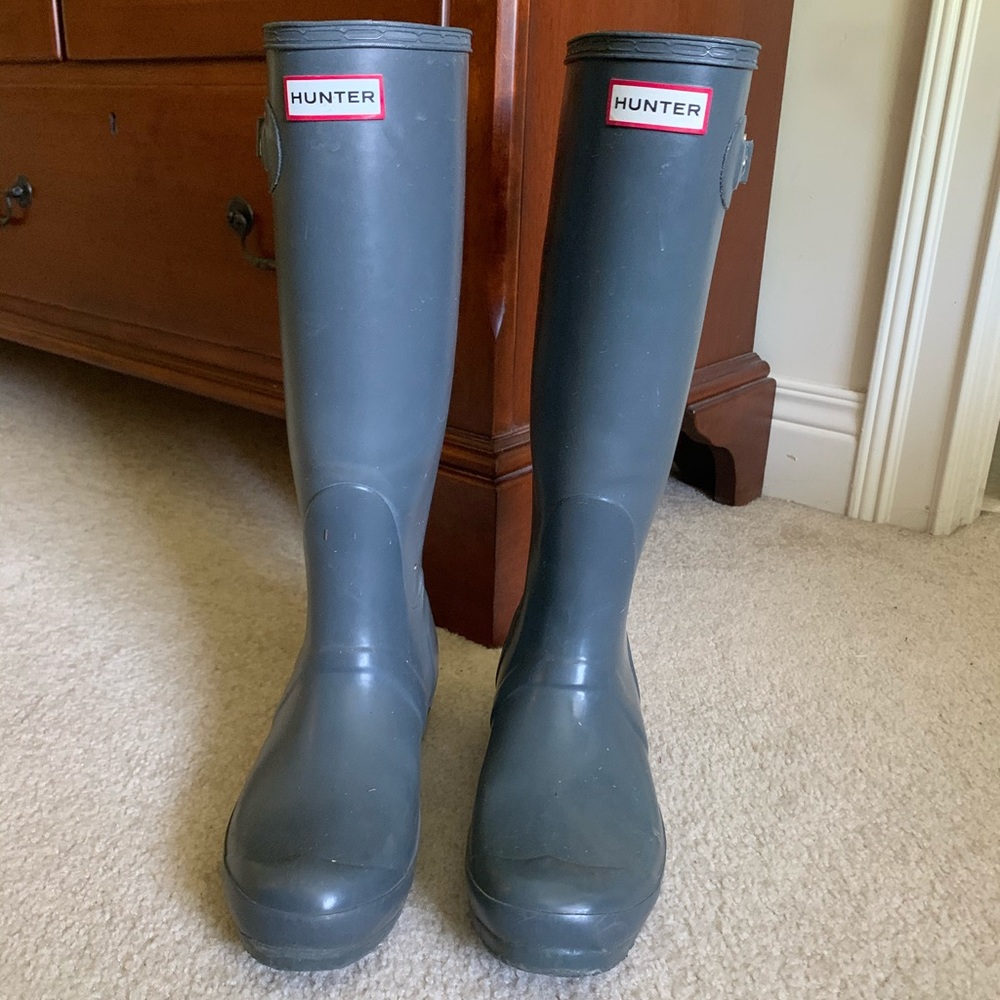 Tall grey Hunter rain boots